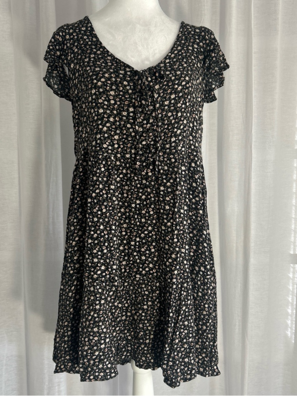 American Eagle Outfitters Black Floral Tie-Front Mini Dress